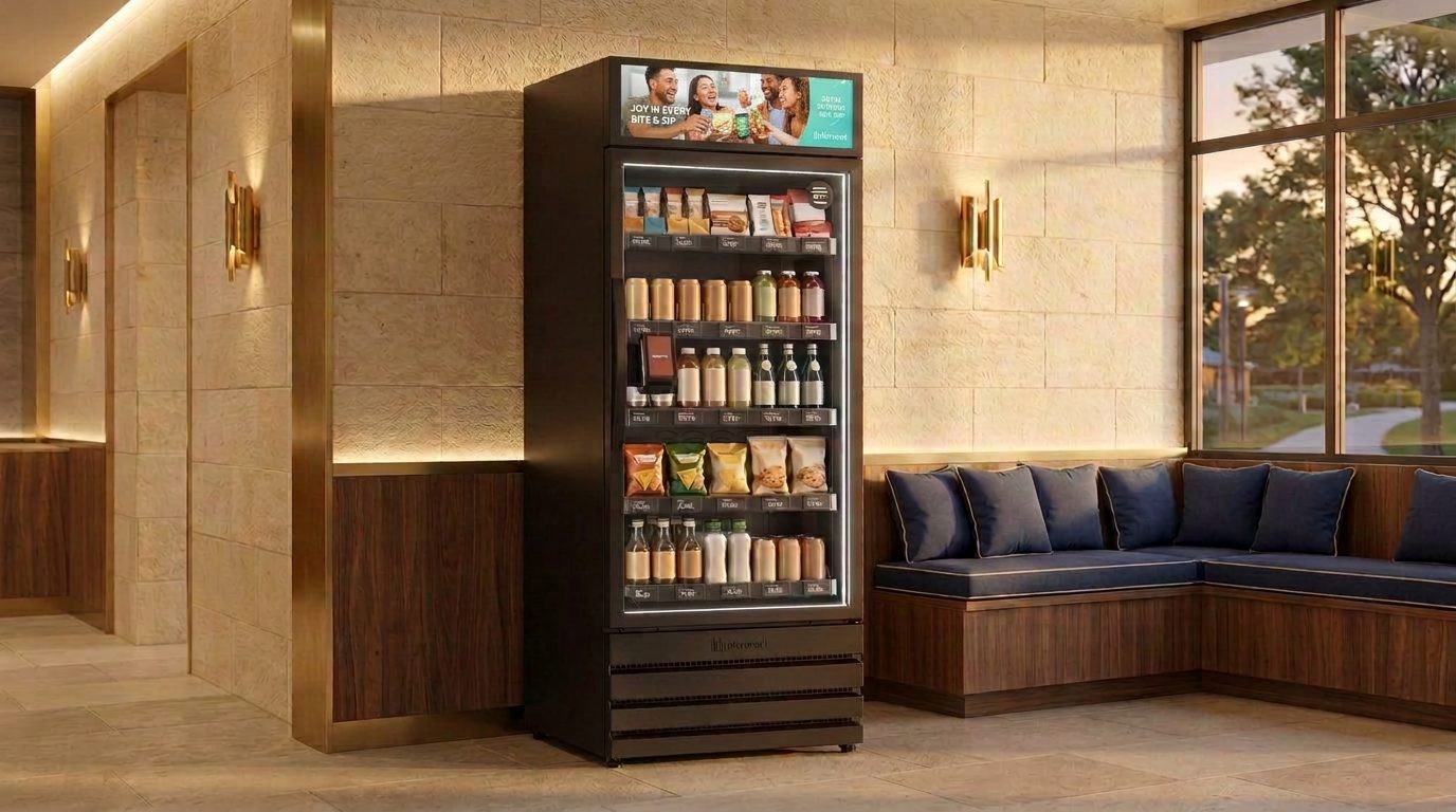 Slim glass-front smart cooler in a compact Beaumont community building lounge
