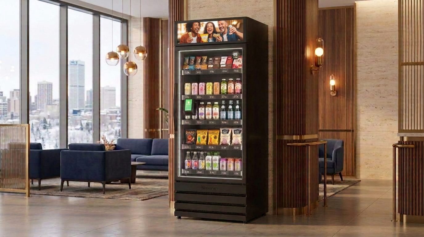 Glass-front smart store in a downtown Edmonton office tower lobby with a winter city view