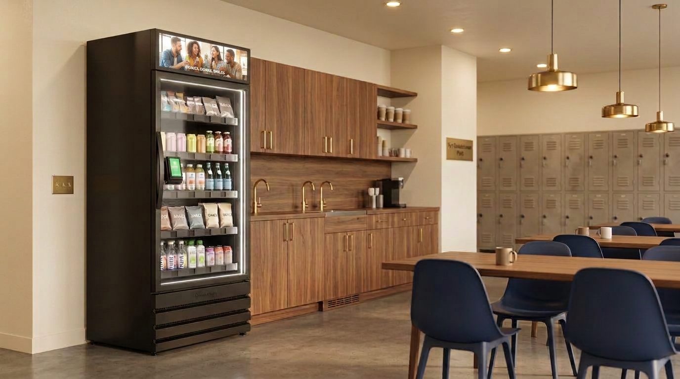Micro market with open shelving, coolers, and self-checkout in a Fort Saskatchewan plant lunchroom