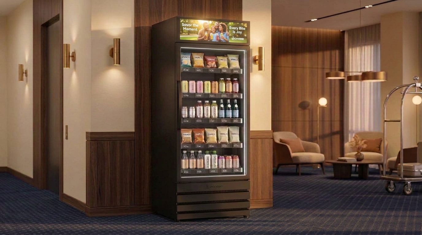 Illuminated vending machines in a Leduc hotel corridor near the airport at night