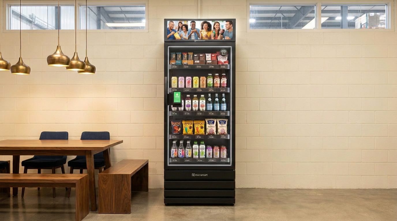 Rugged vending machines and smart cooler in a Nisku industrial yard breakroom with hi-vis crews