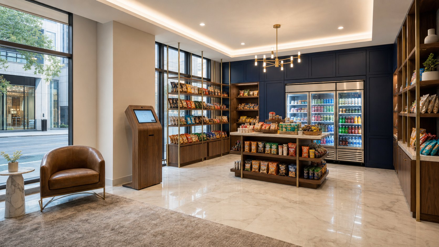 Micro market with open shelving, coolers, and a self-checkout kiosk