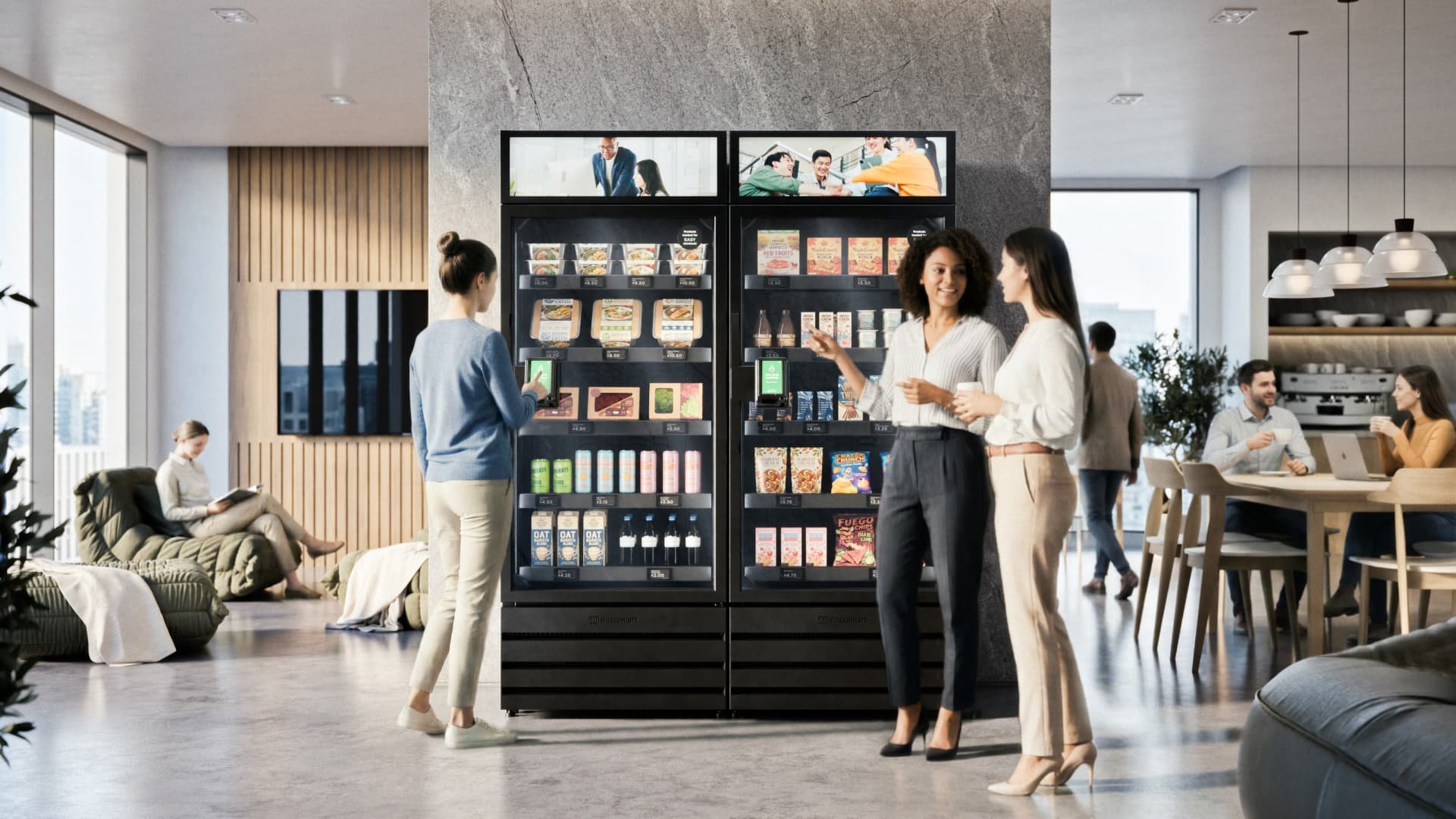 Smart vending machines in a modern Edmonton office lobby