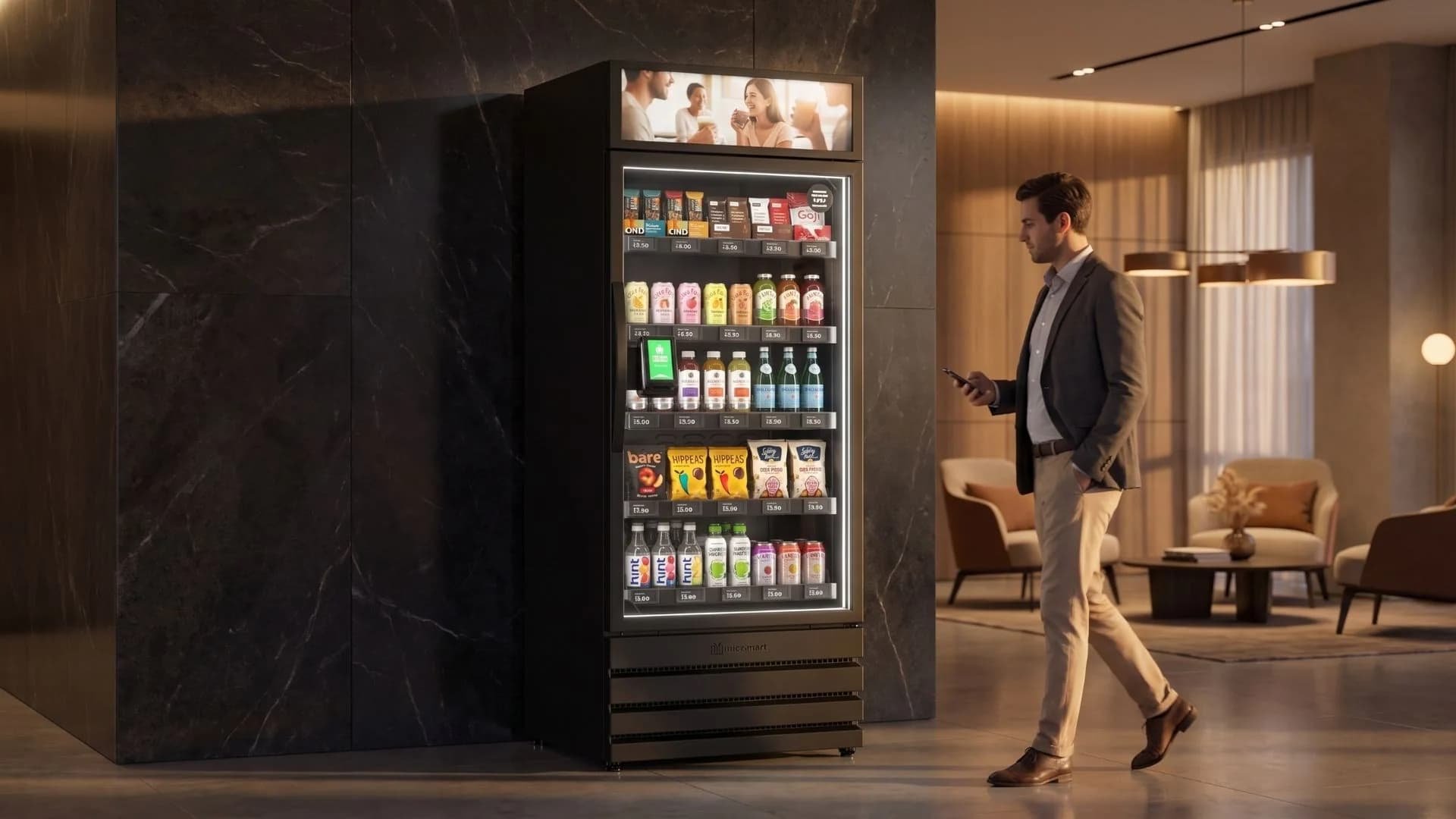 Row of modern glass-front vending machines in an Edmonton building